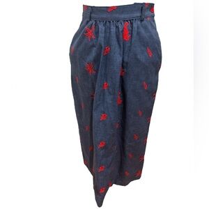 70s MR HANK DARK BLUE CHAMBRAY RED EMBROIDERED NAUTICAL BEACH MIDI SKIRT SZ M